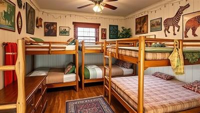 An adventurous hostel room featuring a safari-inspired decor with animal prints, wooden furnishings, and travel memorabilia, evoking a sense of exploration and wanderlust for guests seeking a unique lodging experience.