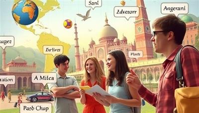 An engaging visual of language learners immersed in a virtual world filled with language puzzles, cultural landmarks, and interactive dialogue scenarios, highlighting the fun and educational aspects of Polyglot Quest.