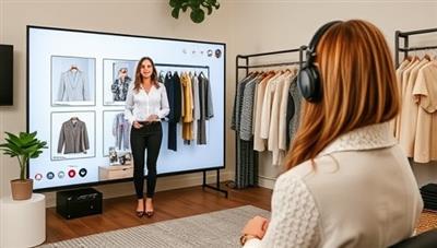 A virtual stylist conducting a wardrobe consultation via video call, showcasing mood boards, clothing racks, and digital outfit suggestions tailored to the client's style preferences, exuding sophistication and personalized fashion expertise typical of ChicStyle Concierge.
