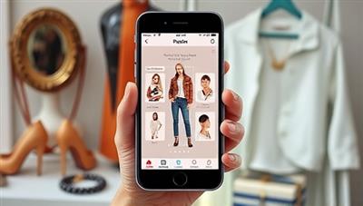 An artistic rendering of a sleek virtual styling assistant interface displaying outfit suggestions on a smartphone screen, with fashion accessories and clothing items in the background, creating a visually captivating and trendsetting image.