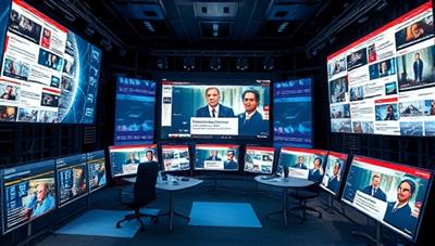 An AI-powered newsroom scene with algorithms sorting and analyzing news articles, displaying personalized news feeds on multiple screens, creating a dynamic and engaging news consumption experience for users.