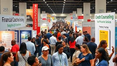 A vibrant and bustling marketplace scene with booths offering financial coaching sessions, budgeting tools, investment advice, and credit counseling services, with a diverse crowd of attendees exploring the various offerings, creating a dynamic and inclusive financial empowerment hub.