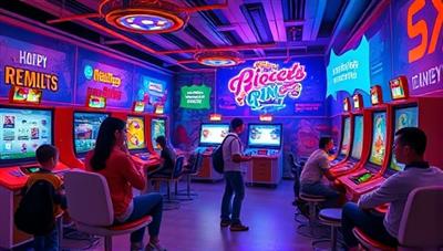 An immersive gaming environment with interactive branded elements, where users are engaging with advergames and earning rewards, creating a fun and engaging experience that combines advertising and entertainment through AdPlay Rewards.