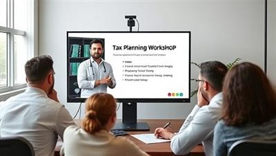 A virtual tax planning workshop scene with a tax expert leading a session on a computer screen, surrounded by engaged participants from different backgrounds, symbolizing interactive learning and tax optimization strategies.