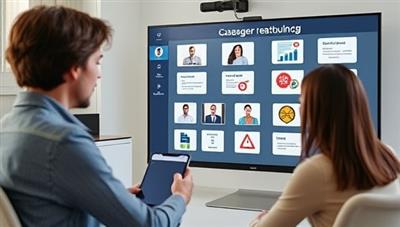 A professional digital career coaching session, featuring a career coach providing guidance and mentorship to a client through a virtual meeting, with career development resources, job search tools, and skill-building resources displayed on a screen, symbolizing career growth and empowerment through virtual coaching support.