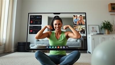 An online workout session featuring a fitness coach leading a virtual training session with clients exercising in their home environments, accompanied by motivational cues and progress tracking visuals, emphasizing convenience and personalized coaching experience.