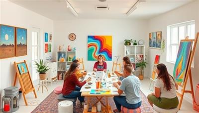 A serene virtual art studio with colorful art supplies, paintings, and calming decor, featuring participants engaging in therapeutic art activities under the guidance of an art therapist, promoting a safe and healing space for creative expression and emotional exploration.