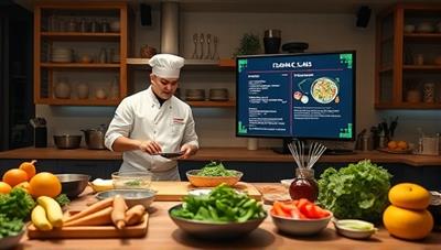 A vibrant virtual cooking class setting with a chef demonstrating a cooking technique, surrounded by fresh ingredients, kitchen utensils, and a digital screen displaying recipes, creating a dynamic and interactive cooking environment for participants to learn and cook along from home.