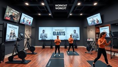 A virtual workout studio environment with screens displaying various workout classes, fitness equipment, and motivational quotes, with avatars representing users engaging in different workout routines, fostering a sense of community and motivation in virtual fitness.