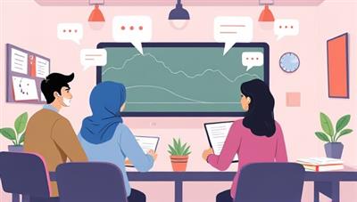 An engaging illustration of virtual language students participating in a live language class, with speech bubbles and language exercises floating around them, showcasing the dynamic and interactive learning environment of LingoLeap Academy, with a tagline 