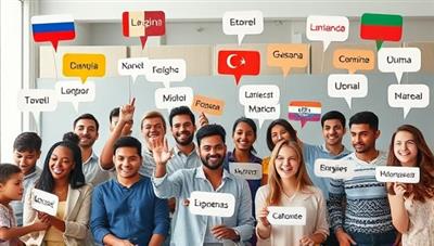 A diverse group of individuals from different countries engaged in a lively virtual language exchange session, with speech bubbles in various languages floating around, symbolizing cultural exchange and language learning.