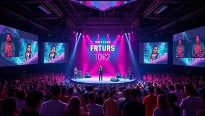 An immersive virtual concert setting with a stage, crowd of avatars cheering, and interactive features like virtual merchandise booths and chat functions, creating a dynamic and engaging online music experience.
