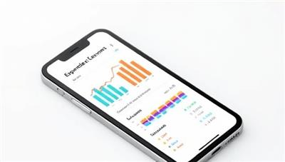 A smartphone screen displaying the ExpenseBot app interface with colorful graphs and charts showing expense trends, accompanied by a sleek and modern design, illustrating simplicity and efficiency.