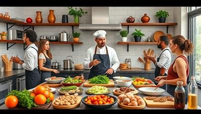 A virtual kitchen setup with a chef instructing a diverse group of participants in a lively cooking class, featuring fresh ingredients, cooking utensils, and interactive cooking demonstrations, conveying culinary creativity and learning in a virtual environment.