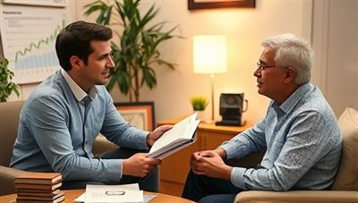 An expert advisor discussing insurance options with a client in a cozy office setting, surrounded by charts and policy documents, exuding trust and professionalism.
