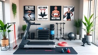A collection of high-quality fitness equipment displayed in a modern home gym setup, including a treadmill, yoga mat, resistance bands, and dumbbells, surrounded by motivational fitness posters and greenery, inspiring a dynamic workout environment.