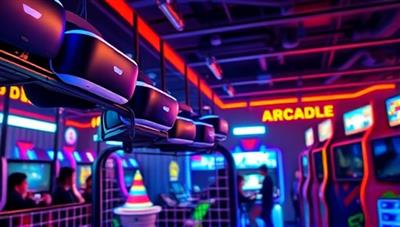 An inviting arcade setting with futuristic VR headsets hanging on display racks, colorful LED lights illuminating the space, and gamers immersed in different virtual worlds, evoking a sense of excitement and adventure.