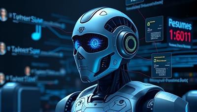 An artistic representation of an AI-powered robot scanning resumes and profiles, with digital data streams flowing into its system, symbolizing the advanced technology and efficiency of the TalentScan AI platform.