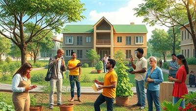 An artistic depiction of a virtual eco-campus with diverse individuals attending sustainable living workshops, planting trees, recycling materials, and engaging in environmental advocacy, illustrating a community united in environmental stewardship and conscious living.