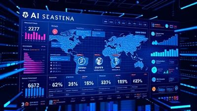 A futuristic visualization of a digital interface displaying a virtual recruitment dashboard powered by AI algorithms, with data streams flowing seamlessly and candidate profiles being analyzed in real-time, representing the efficiency and sophistication of TalentAI Screening.