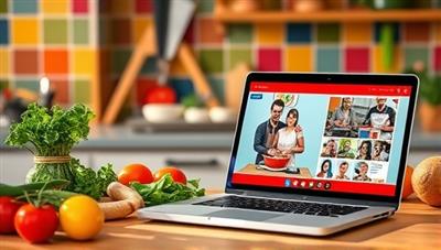 A colorful kitchen scene with fresh ingredients, cooking utensils, and a laptop displaying a live cooking class, showcasing a fun and engaging culinary experience.