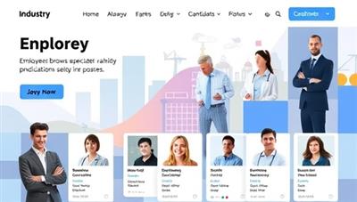 An industry-themed platform interface featuring a diverse range of professionals from niche sectors, with employers browsing through specialized talent profiles and engaging with candidates possessing unique skills, highlighting the platform's tailored approach to niche recruitment.