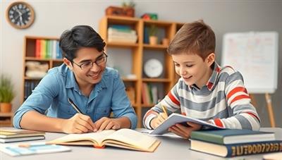 An online tutoring session featuring a dedicated tutor assisting a student with homework, with virtual study materials, textbooks, and digital whiteboard tools visible in the background, symbolizing academic support and educational growth.