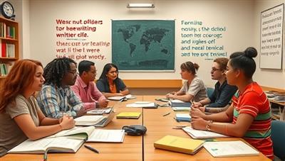 An artistic representation of a virtual creative writing classroom with diverse students engaging in a lively discussion about storytelling techniques, surrounded by books, pens, and inspirational quotes, creating a vibrant and inspiring writing environment.