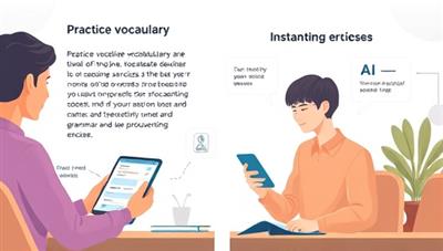 An engaging visual of a user interacting with the app, practicing vocabulary with the help of AI-generated exercises and receiving instant feedback on pronunciation and grammar, illustrating a seamless and interactive learning experience.