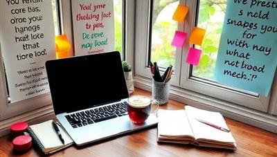 A cozy writing nook with a laptop, notebooks, pens, and a steaming cup of tea, surrounded by inspirational quotes, colorful post-it notes, and a window view of a tranquil natural setting, evoking a creative and immersive writing environment for participants of WriteWonders workshops.