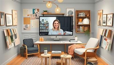 An artistic rendering of a virtual design studio workspace, featuring a designer interacting with a client via video call, surrounded by mood boards, fabric swatches, and design samples, illustrating a collaborative and creative design process.