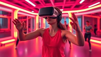 A user in a virtual reality headset engaging in a high-energy fitness class led by a virtual instructor in a futuristic digital gym setting, showcasing the dynamic and interactive nature of the FitSphere VR fitness experience.