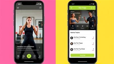 An engaging app interface displaying a virtual trainer guiding a user through a workout routine, with interactive features and progress tracking, conveying motivation and personalized fitness support.
