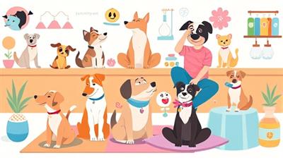 A heartwarming digital illustration featuring a variety of pets engaging in virtual wellness activities like yoga poses, grooming sessions, and playful interactions with their owners, set against a backdrop of colorful pet care products and wellness tools, exuding a sense of joy, health, and togetherness at Pawsitively Well.