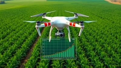 A drone flying over lush green farmland, capturing high-resolution images of crops and fields, with data analytics visualizations overlayed, demonstrating the advanced monitoring capabilities of CropWatch for precision agriculture.