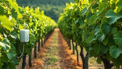 An IoT sensor network installed in a lush vineyard, monitoring pest activity and sending real-time data to a central control system, illustrating the proactive and tech-driven approach of PestGuard Pro's smart pest management solutions.