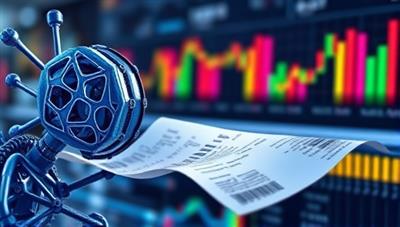 An illustration of a sophisticated AI algorithm analyzing a stream of expense receipts, with colorful graphs and data visualization in the background, symbolizing efficiency and automation in expense management.