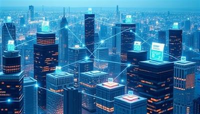 A futuristic digital cityscape with interconnected blocks symbolizing blockchain technology, overlaid with financial audit documents flowing securely between buildings, representing the transparent and efficient audit process of AuditChain Innovate.
