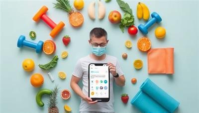 An engaging visualization of a person surrounded by wellness symbols like dumbbells, fruits, yoga mats, and a smartphone showing the WellSure app, conveying a holistic approach to health and insurance integration.