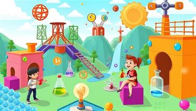 A virtual world filled with colorful STEM-themed challenges, puzzles, and experiments where students navigate through engaging gameplay to learn and explore various scientific concepts, fostering curiosity and critical thinking skills in a dynamic educational setting.