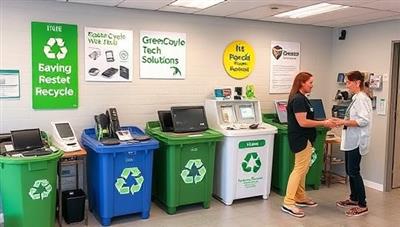 A collection point for electronic waste recycling, featuring a variety of old devices being responsibly disposed of and recycled, with eco-friendly recycling bins, signage promoting sustainability, and a staff member assisting a customer in recycling their old technology, showcasing the eco-conscious and responsible approach of GreenCycle Tech Solutions.