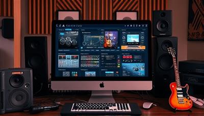 An artistic representation of a computer screen displaying a virtual music production workshop with mixing boards, musical instruments, and audio plugins visible, surrounded by a creative studio setup, inspiring aspiring artists to explore their musical talents with SoundCraft Studio's virtual sessions.