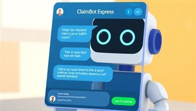 An animated chatbot interface displaying ClaimBot Express in action, guiding a user through a simulated insurance claim submission process with conversational prompts, instant responses, and visual progress indicators, illustrating the seamless and efficient claims handling experience provided by the AI-powered chatbot.