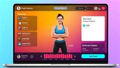 A vibrant digital interface displaying a virtual fitness coach guiding a user through a workout session, with interactive progress tracking features and motivational pop-ups, creating an engaging and effective virtual coaching experience.