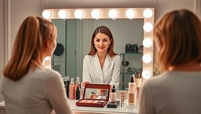 An elegant virtual beauty consultation setup with a professional beauty expert video calling a client, surrounded by a vanity mirror with various beauty products and tools neatly displayed, creating a sophisticated and personalized virtual experience.