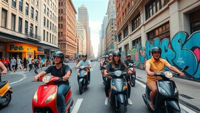 An exciting snapshot of a guided electric scooter tour group navigating through bustling city streets, passing by iconic landmarks and colorful urban murals, with the tour guide leading the way and sharing fascinating stories about the city's history and culture, capturing the dynamic and immersive experience offered by CityGlide Explorations.