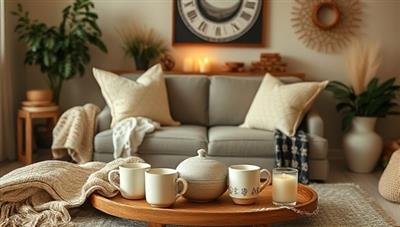 An elegant and cozy living room setting with elements from the subscription box, such as handmade ceramic mugs, woven throw blankets, and scented candles, creating a warm and inviting atmosphere that reflects the box's contents.
