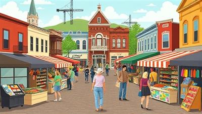 A bustling virtual neighborhood market scene with diverse vendors showcasing their products and services on a digital platform, surrounded by local landmarks and community icons, creating a vibrant and interactive marketplace experience that supports local businesses and artisans.