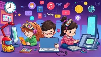 A colorful and imaginative digital illustration featuring a group of children immersed in coding activities and projects, surrounded by virtual coding tools, robots, and digital interfaces, capturing the creativity and enthusiasm of young learners exploring technology at CodeCraft Kids.