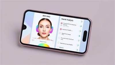 A smartphone displaying the SkinSavvy AI app interface, featuring a user conducting a skin analysis scan with colorful charts and personalized skincare recommendations, illustrating the app's innovative technology and personalized skincare solutions.